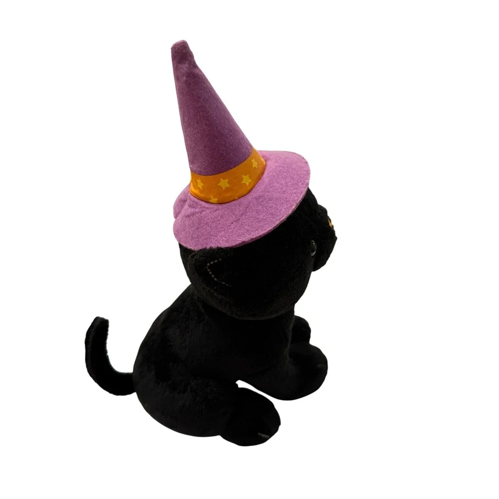 Hallmark‎ Halloween Black Cat Plush Witch Hat Purple Orange Stars 10.5 Inch